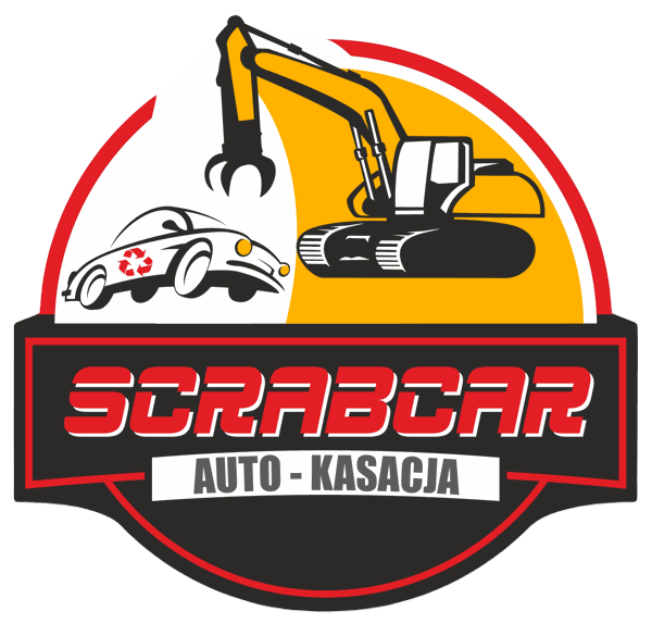 Logo SCRABCAR Auto-Kasacja: koparka z chwytakiem i samochód z symbolem recyklingu